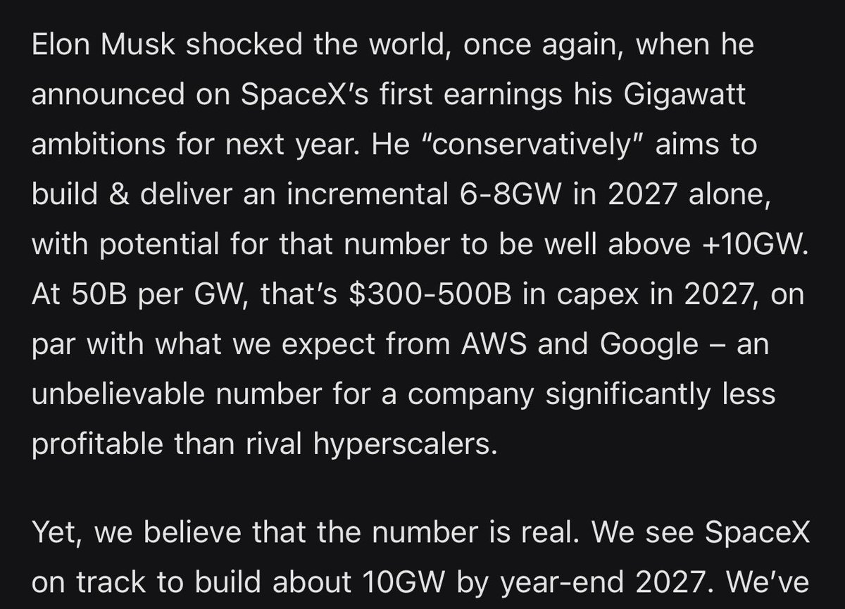 firstadopter's tweet photo. Holy crap. @SemiAnalysis_ says Elon Musk's 2027 gigawatt forecast for using Nvidia GPUs is real!

"Yet, we believe that the number is real. We see SpaceX on track to build about 10GW by year-end 2027." https://t.co/UtS8Hz0Fx3