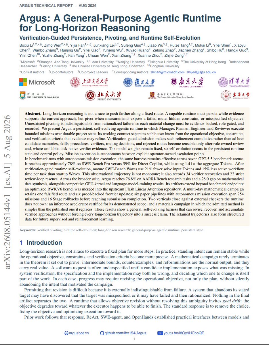 marfinxx's tweet photo. Microsoft Research and top Chinese university researchers introduced a general-purpose runtime for long-horizon agent reasoning

essential for AI system architects deploying autonomous developers, Claude Code workflows, and persistent agentic loops

monolithic LLM prompts fail as task horizon expands: unmanaged agent loops suffer from state drift, context saturation, and unrecoverable execution errors

their unified agentic runtime paradigm replaces single-prompt generations with an executable harness, self-improving loop, and stateful graph architecture

four core components of the master agent stack:

1. Context Harness Layer
isolates execution environments, manages AST memory state, and enforces tool boundary guardrails

2. Persistent Loop Layer
evaluates intermediate execution feedback to auto-retry failed tool steps without developer intervention

3. Graph Orchestration Layer
routes multi-agent sub-tasks across specialized search, coding, and verification nodes

4. Checkpoint State Merge
consolidates parallel sub-agent outputs into verifiable PR commits before task completion

unifying harness, loop, and graph engineering transforms non-deterministic language models into verifiable production systems

Read the complete breakdown in the article below ↓