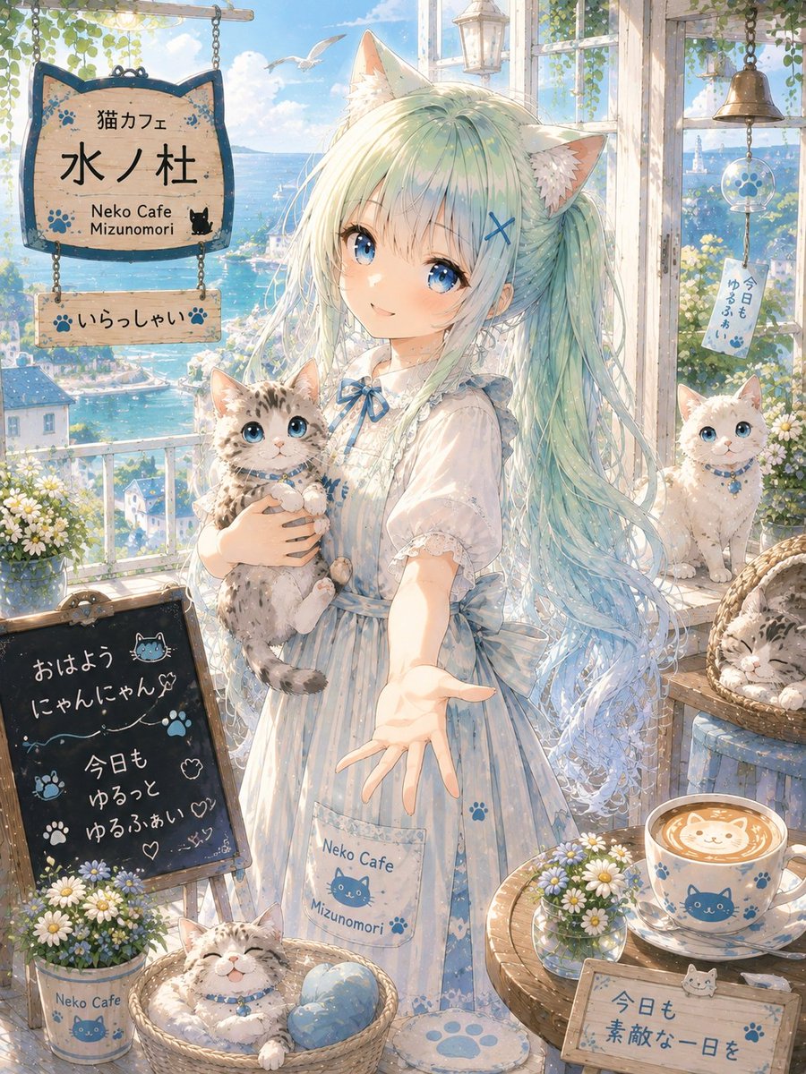EyiIlCVMMP90157's tweet photo. みなさん、#おはようにゃんにゃん🐾☕🩵

今日も猫カフェ水ノ杜、朝からゆるっと開店です〜っ✨
猫さんをぎゅっと抱っこしながら、みなさんをお出迎えしています🐈💕
窓の向こうにはきらきらの海、店内にはのんびり過ごす猫さんたち🌼
猫ラテを片手に、ほっとひと息つける朝時間を過ごしていってくださいね☕️✨

今日も素敵な一日になりますように🌸
ゆるっと、ゆるふぁいです〜っ🐾🩵