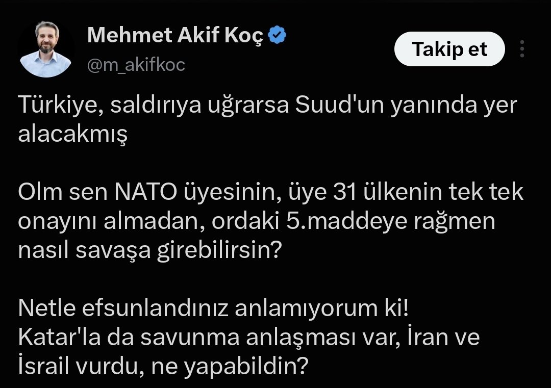ismail_halis's tweet photo. İran kımılları rahatsız 

Halbuki
İran
artık bu 3 bölgesel - küresel ülkenin, mesele ölçeğinde bile değil 

İran, zehir ve kan saçtığı her ülkede 
Kendi balçığına batmış durumda 

2003'ten bugüne, Irak'ı olduğu gibi İran'a teslim eden ABD- İsrail ağı, bölgede en çok İran çarkına çalıştı

Bu gördükleriniz de o diş-li-leri yalayarak yaşayanlar(dan sadece bir kaçı)

İran, kendisine açılan ülke ve bölgelerde, ordular, uyuşturucu ve silah ağları kurarken

Türkiye'de, partiler, vakıflar, akademisyenler, ekranlar, medyalar ve binlerce insan ile nerdeyse yüzde 5'lik bir sosyoloji devşirdi 

Türkiyemiz, 
Bin türlü bedel ödeyerek
2019'da ABD ve Rusya'yı bile 
Kendi önceliklerinin hizasına icbar ettirdi

İran'ı da 2024 itibariyle 
Litvanya- Estonya düzeyinde bir ülkecik skalasına düşürdü, "sevip" attı o lige

Nükleeri, devasa ordusu, sermayesi, Avrupa'nın tamamında bile olmayan savunma sanayii ekosistemi ile  

Türkiye- Suudi Arabistan- Pakistan güç ağı

Dünya 5'ten Büyüktür 
yarını için 

en somut, en yakın 
Başka Bir Dünya Mümkün Hilâli 🌙