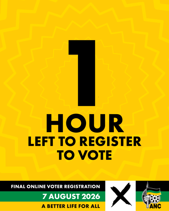 MYANC's tweet photo. ⏰ Final hour.
Online registration closes at midnight.
If you still need to register or update your registration details, do it now. Don't miss your chance to participate in the upcoming Local Government Elections.
#RegisterToVoteANC #LGE2026 https://t.co/yJRBQaPUmw