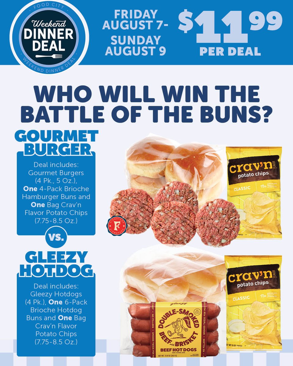 FoodCity's tweet photo. 🔥 It's the ultimate Weekend Dinner Deal showdown! 🔥

🍔 Team Gourmet Burger 🌭 Team Gleezy Hot Dog

Both come with 4-pack brioche buns and Crav'n chips for just $11.99 per deal. The only question is... who wins the Battle of the Buns? 👀

Drop your pick in the comments! ⬇️ https://t.co/xtkCRNtUJY