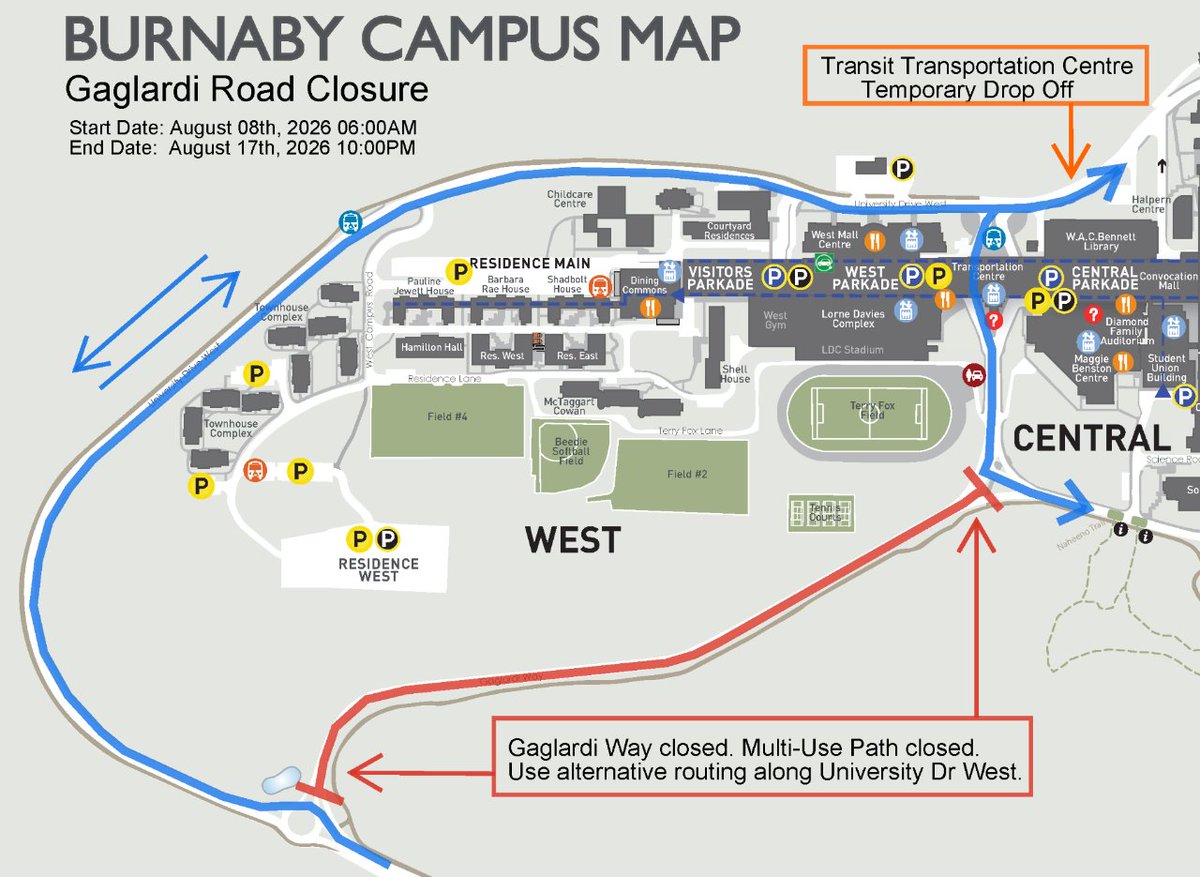 SFU's tweet photo. From August 8 to 17, a film crew will be present on Gaglardi Way between the roundabout and South Campus Road. During this time, Gaglardi Way and the adjacent multi-use path will be closed.
 
Please note that Transit drop-off at the Transportation Centre (TC) will be relocated to Bay 3 on University Drive East, behind Bennett Library. Transit pick-up at TC will remain unchanged. Please follow posted signage and directions from traffic control personnel. Thank you for your cooperation. 

Learn more: https://t.co/YqU75qoL6D