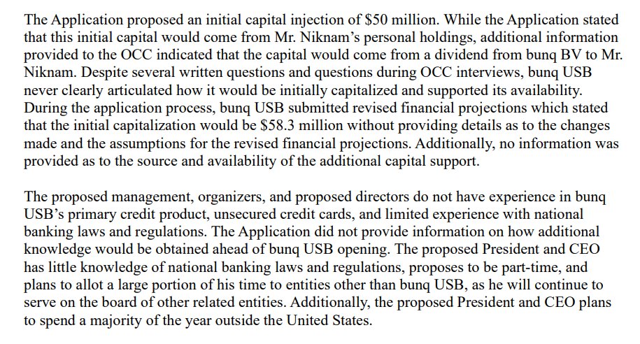 bank_reg's tweet photo. The OCC has denied a national bank charter application filed by bunq. Similar to the Wise denial from a few weeks ago, some pretty harsh comments re: the proposed management team. 

https://t.co/qbAN75q1r6 https://t.co/rAZKiRWsIe