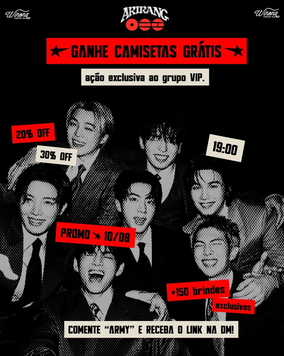 BTSChartBR's tweet photo. 🚨 ATENÇÃO: A @winonashop_  vai liberar camisetas GRÁTIS no dia 10/08, às 19h! 👕✨

​Mas atenção: isso é EXCLUSIVO para quem estiver no Grupo VIP. Não vai ficar de fora dessa, né? 👀

​Corre para o grupo do WhatsApp antes que lote:
https://t.co/AS78uXvLka https://t.co/eVCv0TcpWJ
