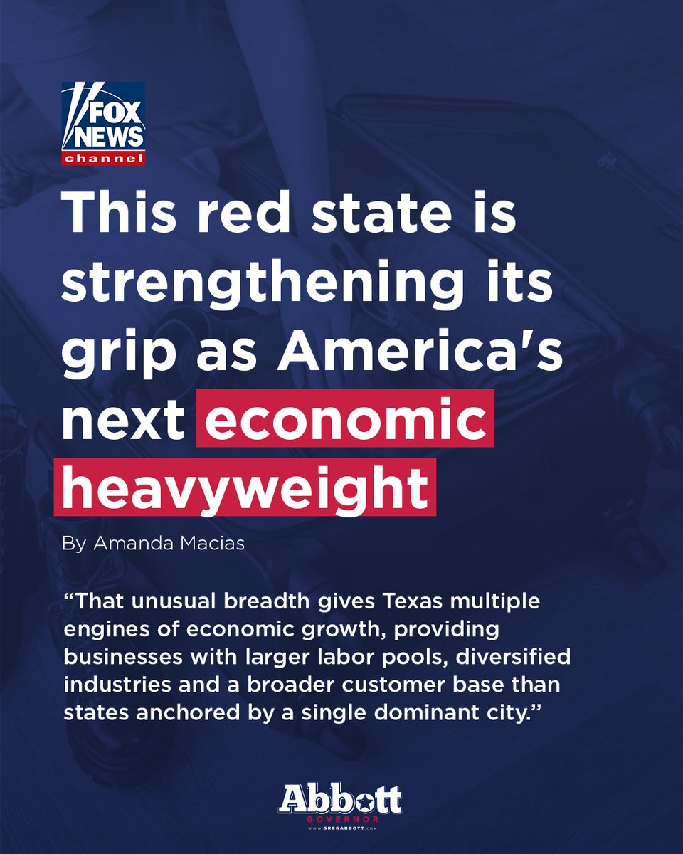 GovHotWheels_TX's tweet photo. Texas leads because our economy keeps delivering.

New federal data shows Texas continues strengthening its position as America's next economic heavyweight. 

From rising productivity to billions in new investment and taxpayer wealth, the Lone Star State remains the nation's leader for opportunity and economic growth.