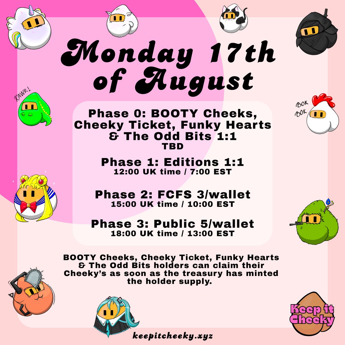 Keepitcheeky_'s tweet photo. 🍑Official Mint date/times🍑
Additional info on the claim for phase 0 can be found on the website in the "Cheekys" section.  
Snapshot of qualifying collections will be taken on the 14th. ✌️ https://t.co/EyJM2UtHmV