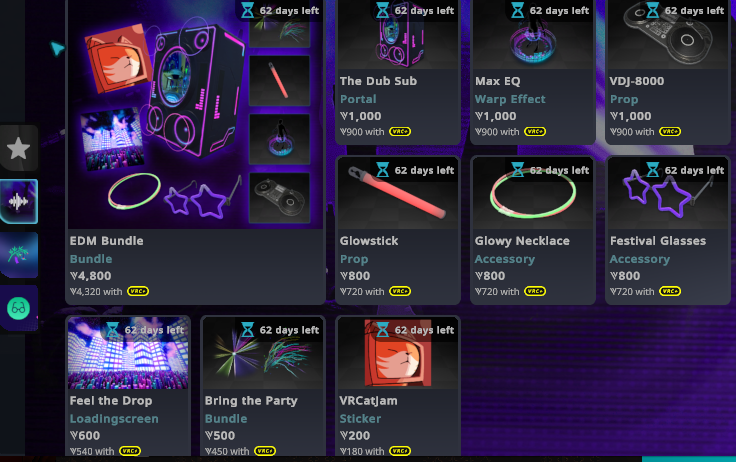 slord399's tweet photo. 【 #VRChat更新速報】 
#VRChat からShopアイテムとして、EDMバンドル発売のお知らせです。
10/9までの販売となります。

また8/28に何か音楽イベントを計画しているそうなのでおたのしみに。 https://t.co/2VMY2J0Eyk