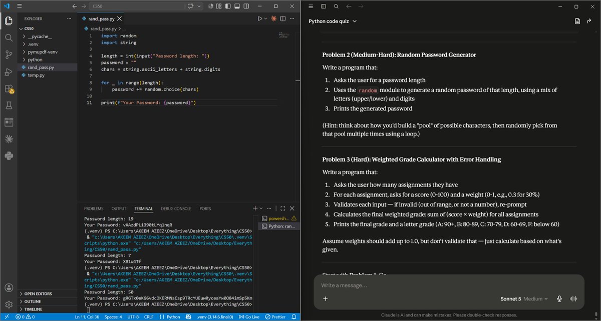 abzdevng's tweet photo. Day 25 🐍
Finished https://t.co/jBzEO7adHo, last pset for lecture 4. Ran a comprehensive quiz on lectures 0-4, plus a few extra problems
Command-line args, random module, string manipulation, weighted grade calculator
Quiet, steady grind.
#CS50P #Python #100DaysOfCode #CodeNewbie https://t.co/13tZcL5K2E