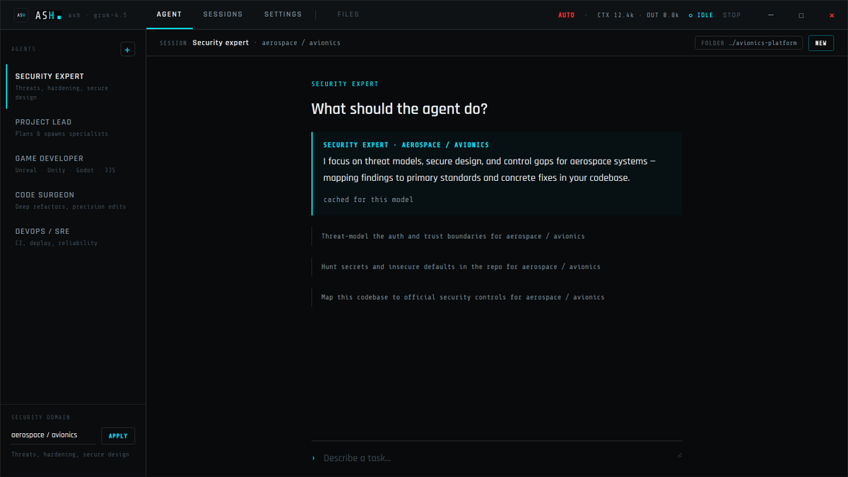 AugmentedSecLLC's tweet photo. ASH 1.0 — local agent harness for your real desktop.

Windows 10/11 · macOS
Linux not officially supported yet (but should run).

Grok / xAI first — OAuth + API key. Other providers optional.

Permissions. Browser. Computer use (Cua). Sessions. Remote phone. Glass/acrylic UI.

Your machine. Your Grok. No telemetry.

https://t.co/CVjpfdhycJ