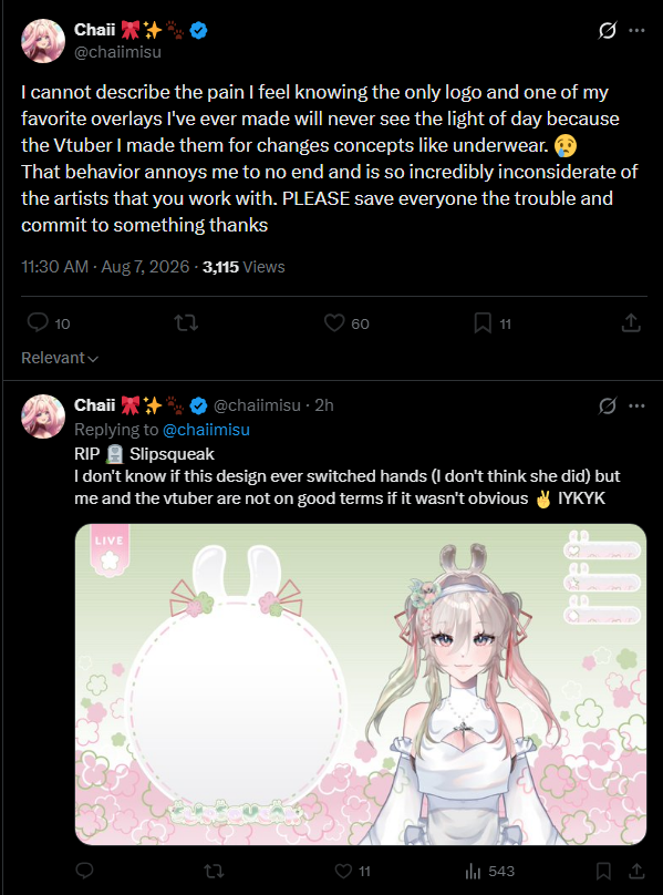 exisbread's tweet photo. This is really unprofessional behavior. I get being disappointed if they don't use it, but they still paid you for it and you're still able to use it for your portfolio. You aren't obligated to exposure from the vtuber actually using it. 

Putting this kind of extreme entitlement on display is a very quick way to lose potential future customers.