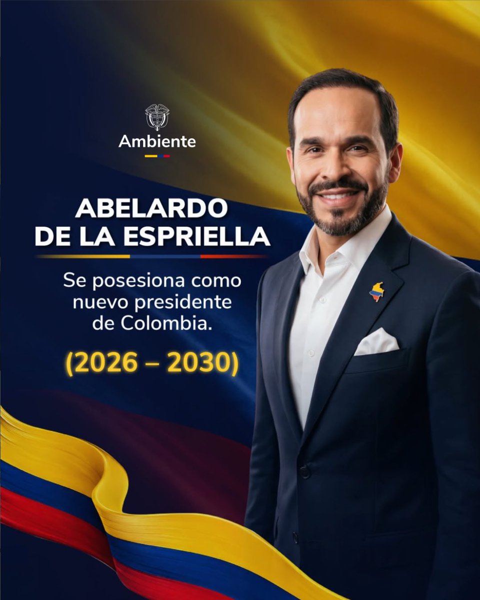 MinAmbienteCo's tweet photo. Hoy se posesiona @ABDELAESPRIELLA, como presidente de Colombia, dando inicio a una nueva etapa para el país. 🇨🇴

Desde el Ministerio de Ambiente y Desarrollo Sostenible asumimos el compromiso de hacer del agua, la biodiversidad y las comunidades el eje de una política ambiental que contribuya a la seguridad, la productividad y la prosperidad de Colombia. 

#PatriaMilagro