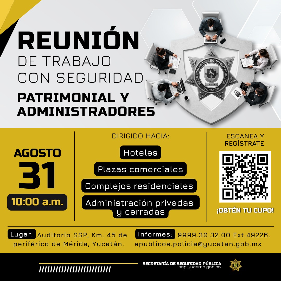 sspyuc's tweet photo. 🚔 La seguridad también se construye desde la coordinación y el trabajo en equipo.

Si formas parte de la administración de un hotel, plaza comercial, complejo residencial o privada, participa en esta reunión de trabajo sobre seguridad patrimonial y fortalece la colaboración entre tu organización y la Secretaría de Seguridad Pública.

🗓️ 31 de agosto | 10:00 a.m.
📍 Auditorio SSP, km. 45 del Periférico de Mérida, Yucatán.

📲 Regístrate escaneando el código QR o en el siguiente enlace:
https://t.co/juw1zs2TaN