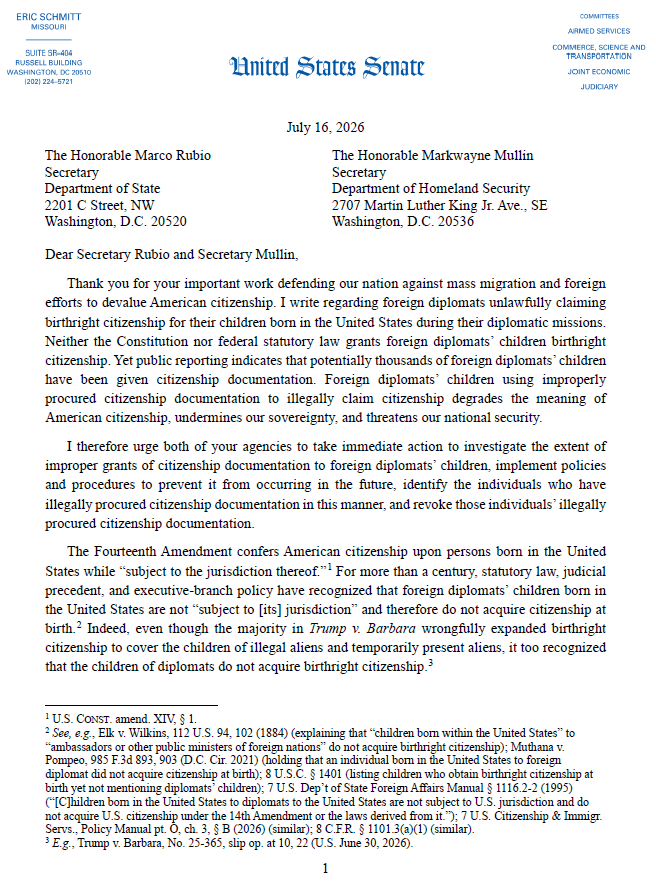 SenEricSchmitt's tweet photo. Birthright citizenship FRAUD is rampant.

Example: many foreign diplomats' kids illegally gained citizenship despite NOT being entitled to it.

I sounded the alarm for State, DHS, and HHS. They should follow President Trump's directives and end this fraud.
https://t.co/ItOky2OVK8 https://t.co/bRRrZV8Xle