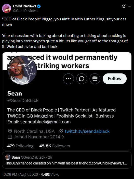 MythicalLMAO's tweet photo. Chibi Reviews decides to be racist against a black content creator by using the n-word against them. 😭 https://t.co/1DQcnZzjSw