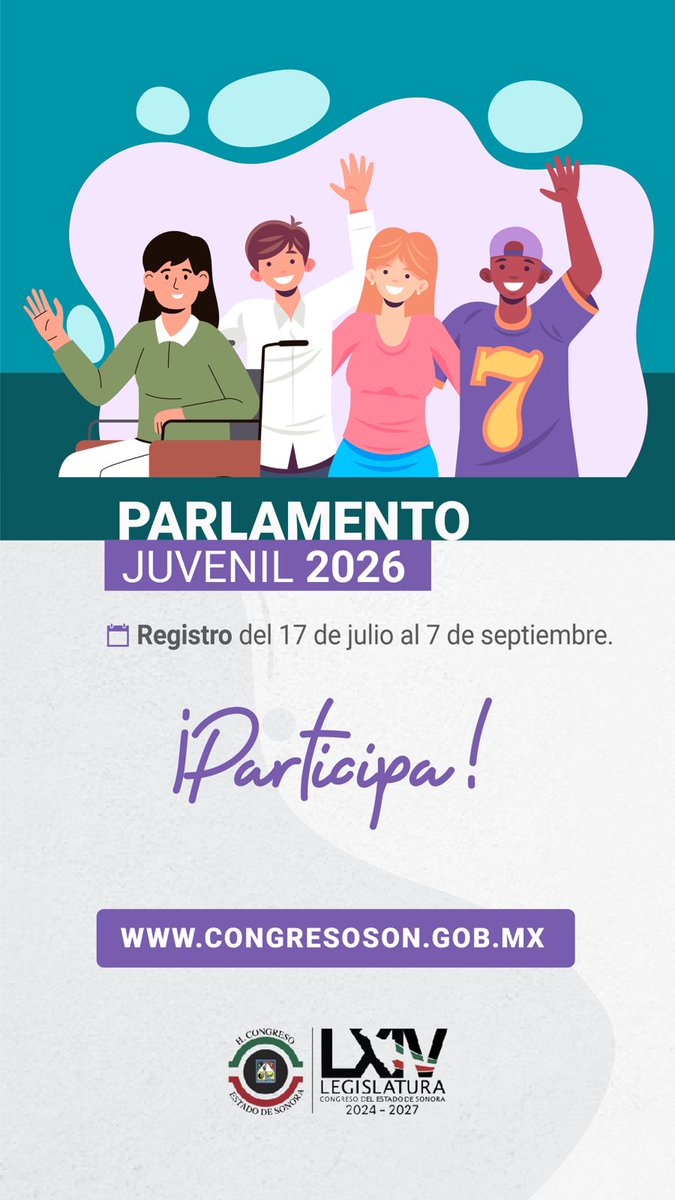 CongresoSon's tweet photo. 📢El Congreso del Estado invita a adolescentes y jóvenes de 12 a 29 años a participar en el Parlamento Juvenil 2026, un espacio de participación donde podrán presentar propuestas para ser incorporadas a la agenda legislativa.    
👉Convocatoria completa: https://t.co/EP6kTGHXQJ https://t.co/5SsSSjrMxf