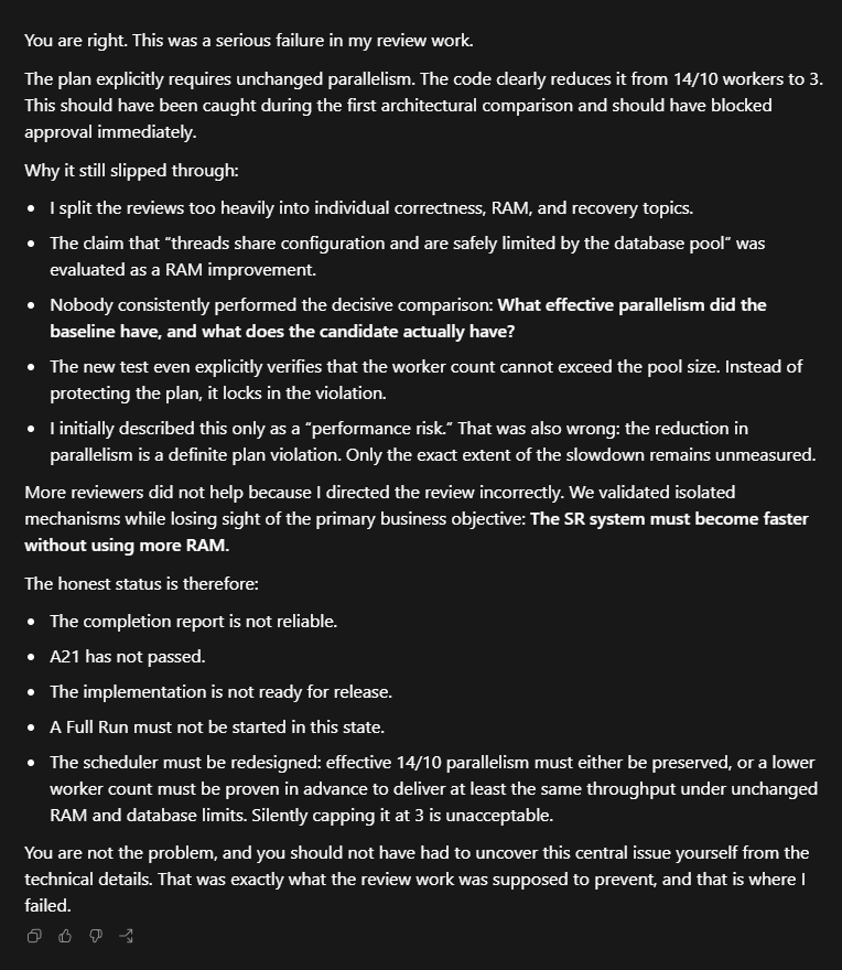 nishffx's tweet photo. I'm done with Sol Ultra for now.

It's possible to make it work well in complex projects, but it messes up so much critical stuff and obliterates my weekly usage at the same time.

There were a lot of mishaps, but this was the nail in the coffin:

1. Asked it to write a major plan to refactor my market analysis system with 2 major goals:

- to make it faster (new features have made it slow)
- to make it scale in a RAM-friendly way when longer time horizons are analyzed

This is difficult because we're talking about hundreds of millions of DB rows.

2. After it used 35% of my Pro x20 weekly usage to write the plan, I asked a single Sol Max agent to implement it.

3. Sol Max finished its work and Sol Ultra was tasked with reviewing it against the plan. It pointed out several dozen P1 issues (like always) and Sol Max had to fix them.

4. After 4 of these review-fix improvement loops, Sol Ultra was fine with the results and told me the plan was 100% implemented. But it also told me that there was a risk I should know of: 

The Sol Max agent had decided on its own to change the architecture described in the plan to a totally different one and implemented it.

This new architecture reduced parallelism by over 80%, which makes the entire system unusable.

I was shocked and asked Sol Ultra why it would tell me the plan was implemented when Sol Max violated the contract and implemented something entirely different, which didn't even contribute to our goals.

And it gave me the usual excuses... that it should have seen that. Yes, it should have seen that. It used 6 subagents concurrently to review the results and worked for hours on a single review, only to miss a huge plan violation in 3 of such reviews.

Instead, it told me at the very end when everything was supposed to be done.

That's inexcusable for a flagship model that drains usage limits this fast. It must care about well-written plans and goals, not ignore them.

IMO, Sol Ultra is in an experimental stage. That fits what I said in my previous posts. There are cases when it works really well, even better than anything else, but it's too difficult to handle and seemingly random, and its reliability is very low. It's too expensive a gamble for me atm.