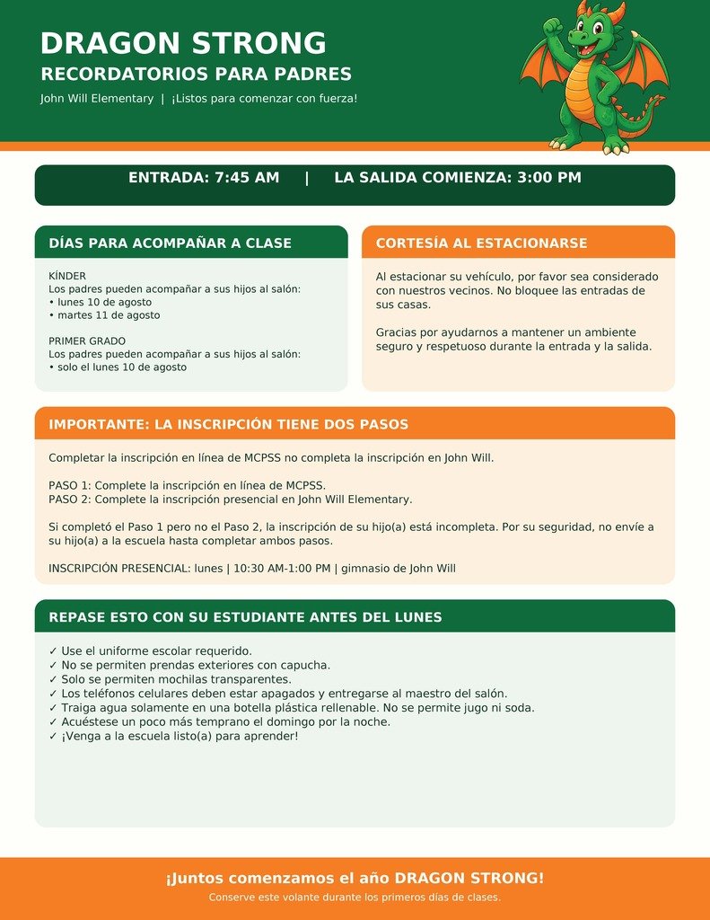 JohnWillDragons's tweet photo. Dragon families, please review our back-to-school flyers in English and Spanish for important times, registration steps, and student expectations. Let’s begin the year Dragon Strong! 🐉 #JohnWill #DragonStrong #BackToSchool https://t.co/0HXcXVprk3