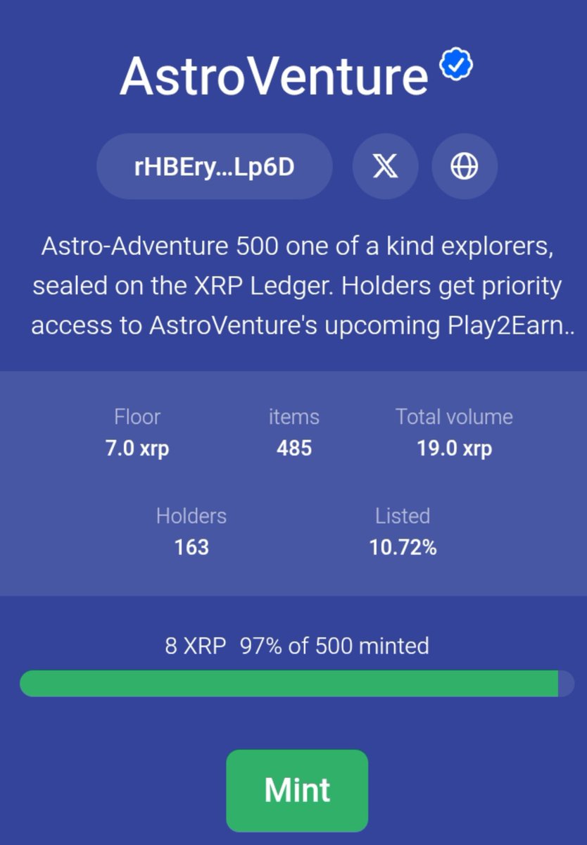 Astro_Venture's tweet photo. 🚨 485 / 500 MINTED 🚨
Just 15 AstroVenture Explorers left. This is basically the final call.
If you've been waiting, the waiting is over — waiting any longer means missing it completely.
https://t.co/Mc5fr7Un8t
GO 🚀🌌

#XRPL #NFTS #NFT #XRPNFT #XRP https://t.co/Nos4yw5jIx