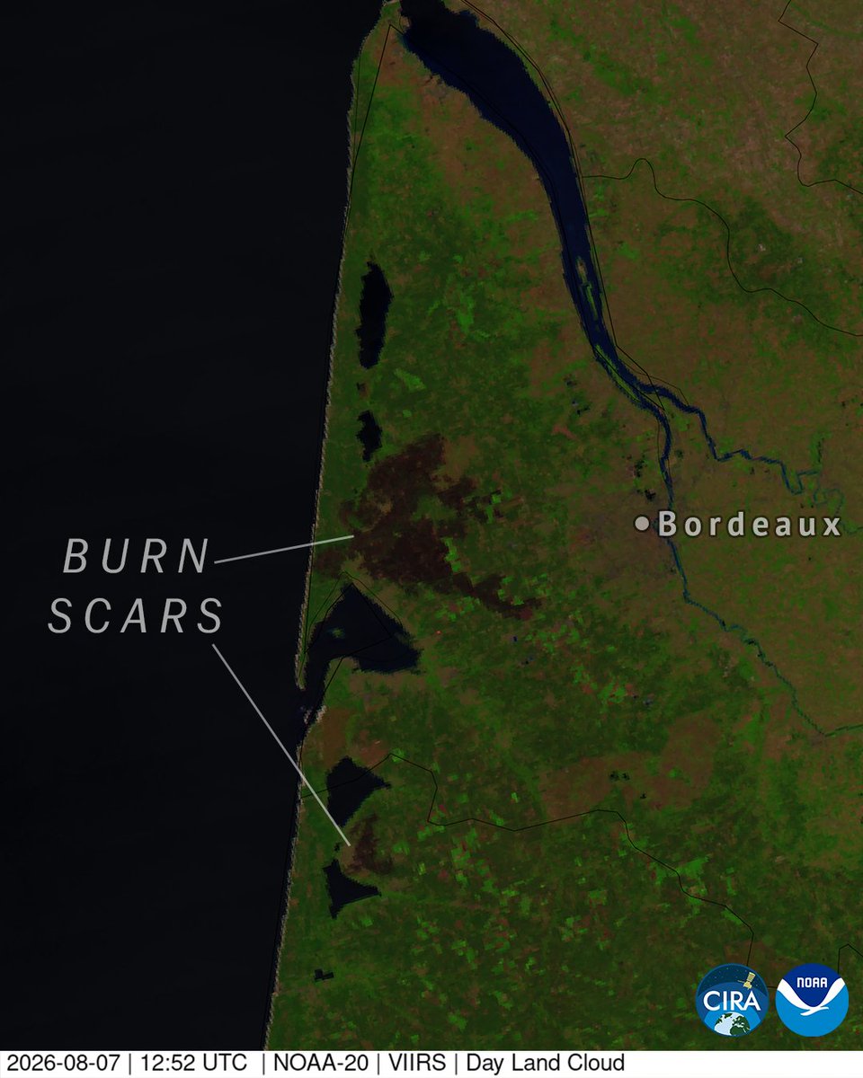 CIRA_CSU's tweet photo. Late last month, wildfires broke out in southwestern France near the city of Bordeaux.

Earlier today, satellite imagery was able to capture a clear view of the burn scars that were left behind by the flames. https://t.co/42u84jPJ8E