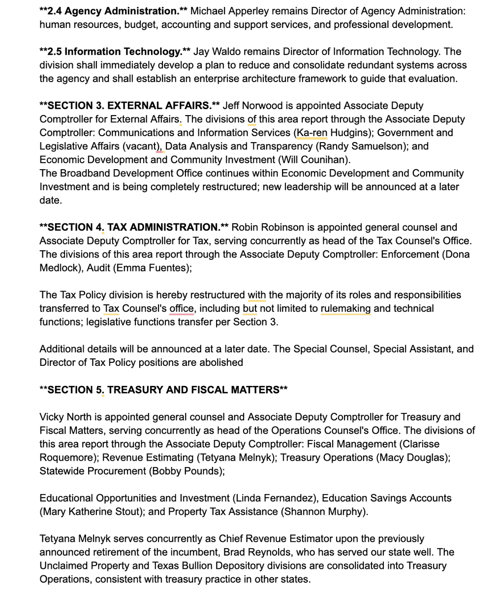 AaronTorres_'s tweet photo. Here's a copy of email that acting comptroller @DonHuffines sent to staff announcing restructuring at @txcomptroller 

In it, Huffines announces the new associate deputy comptroller's (ADCs) are (h/t @bradj_TX who reported first)

#txlege https://t.co/bztg4b7q7g