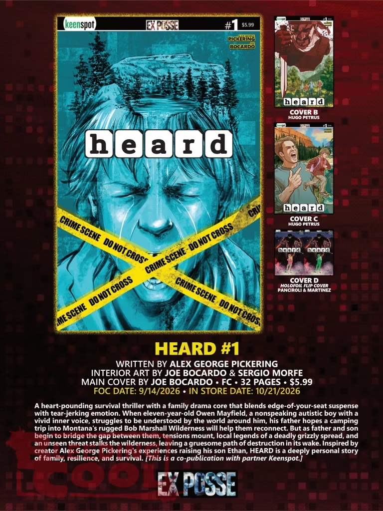 AlexGPickering's tweet photo. Big news! As announced at #SDCC26, Issue 1 of my original survival thriller comic series HEARD is coming October 21 from Ex Posse and @keenspot!🎉
Inspired by my experiences with my son Ethan, HEARD blends heart-pounding suspense with a story of family, resilience & acceptance. https://t.co/HhlM15ILiX
