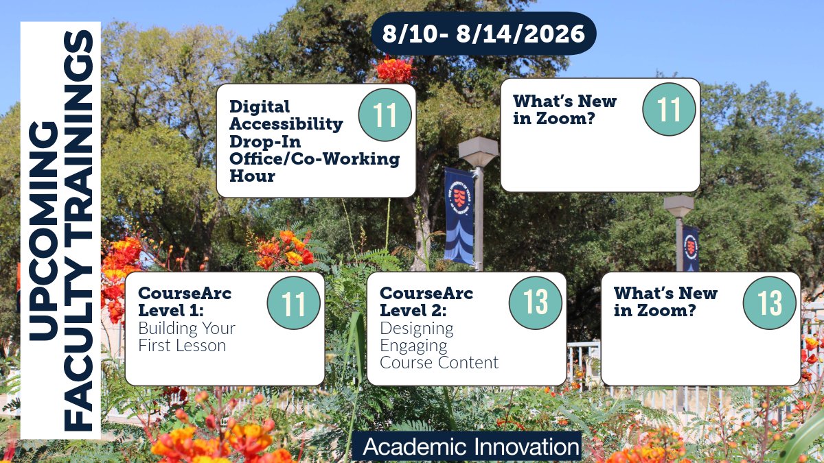 utsa_innovation's tweet photo. 📅 Level up your teaching! Join our team for trainings next week on accessibility, Zoom, instructional technology, and more. Discover new tools and sharpen your skills to start the semester strong. See the full schedule and register today! Visit: https://t.co/tHwI4bOvUC https://t.co/v52xI3Qlu0
