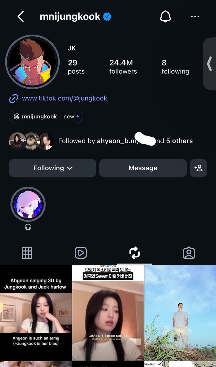Ahyeonschart's tweet photo. Jungkook of BTS liked and reposted two of Ahyeon’s videos covering his songs “3D” and “Seven” on instagram. 

#AHYEON #정아현 #BABYMONSTER https://t.co/48NKgXeX1t