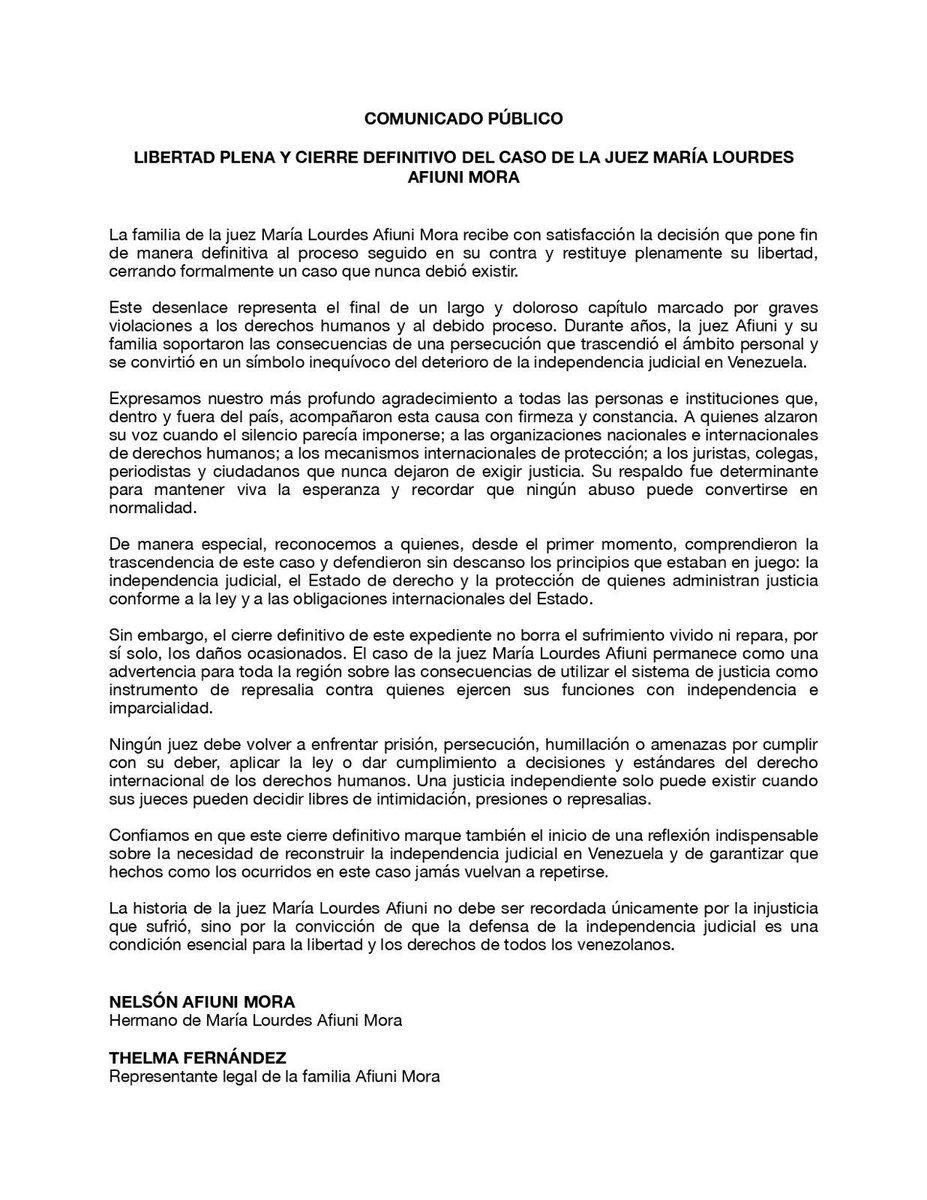 OrlvndoA's tweet photo. #URGENTE | Comunicado de la familia de la juez Afiuni sobre su caso.

Libertad plena y cierre definitivo del caso tras 16 años de persecución chavista. https://t.co/vY7Lf8uLHn