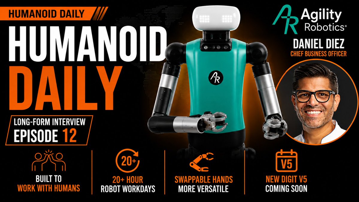 johnkoetsier's tweet photo. Exciting news from Agility Robotics:

- Digit v5 coming in 2026
- Digit will be a cobot ... working "out of the cage"
- 20-hour humanoids: they'll be able to work for 20 hours
- hot swappable hands AKA end effectors
- &amp; much more!

Humanoid Daily is on Apple, Spotify, &amp; YouTube. https://t.co/h3WdwdW9OW