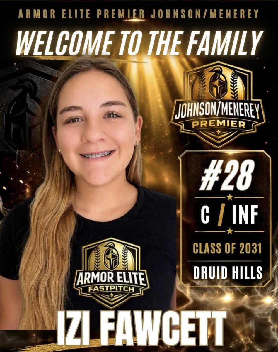 AEPremierJM's tweet photo. ⚔️ROSTER ANNOUNCEMENT ⚔️
Welcome 2031 C/OF/INF Izi Fawcett from Druid Hills, GA to Armor Elite Premier!💛🖤
Izi brings a contagious energy to every team she’s a part of. Behind the plate, she is an absolute wall with an incredible softball IQ, a heads-up mindset, and the ability to lead her teammates through her voice and presence.

Her impact doesn’t stop at catcher. Izi brings that same confidence and athleticism to the field and the box with power at the plate, versatility defensively, and a relentless desire to compete.

Izi is the only girl on her middle school baseball team and is the starting catcher for both Druid Hills baseball and softball. She’s never been afraid to stand out, embrace the challenge, and have her teammates’ backs every step of the way.

Her leadership, passion, and love for the game are something special. We are so proud and excited to watch Izi continue to grow and make her mark. ⚔️

Welcome to the family, Izi! 🖤💛
#ArmorUp #BeElite #PlayFearlessly
@ArmorEliteFP