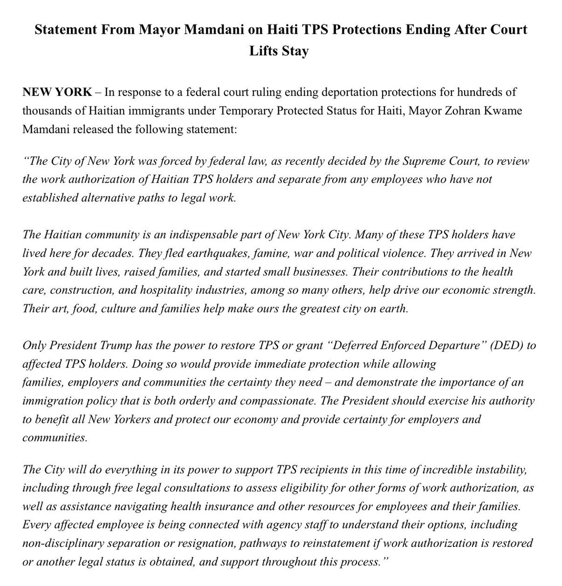 C_Sommerfeldt's tweet photo. In a late Friday statement, Mayor Mamdani says NYC is firing Haitian municipal employees on TPS because of federal court rulings upholding the Trump admin's termination of the program (the statement doesn't actually say this, but a Mamdani spox confirms that's what's happening). https://t.co/ZIHGTzGLu2