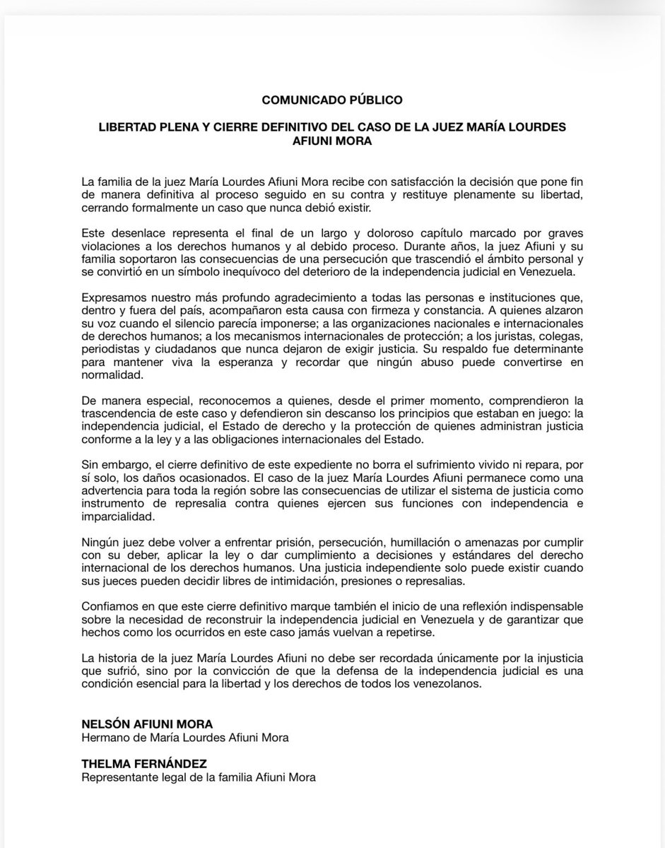 LuisOlavarrieta's tweet photo. #ÚLTIMAHORA | A través de un comunicado público, la familia y la representación legal de la juez María Lourdes Afiuni confirmaron la concesión de su libertad plena y el cierre definitivo del caso en su contra. En el texto, señalaron que esta decisión pone fin a un «largo y doloroso capítulo» de persecución judicial en Venezuela y destacaron que la defensa de la independencia de los jueces es una condición indispensable para la garantía de los derechos humanos en el país.