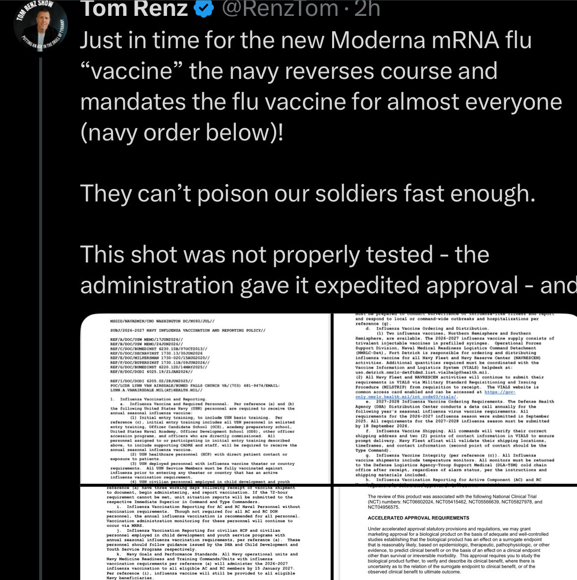 RSG_chief's tweet photo. @DrOzCMS @RobertKennedyJr 
@SECNAV @PeteHegseth  @realDonaldTrump @JDVance @McCulloughFund 

Why are you allowing this??  

Why are you still forcing mRNA vaccines 💉 on our people?!?

Have we learned zero lessons from COVID?

I have encouraged many kids to join the service and 3 of my own. I will not continue to support this atrocity and will highly recommend that they get out as soon as possible. You all have no regard for the safety or rights of personnel and insist on treating them as test subjects.