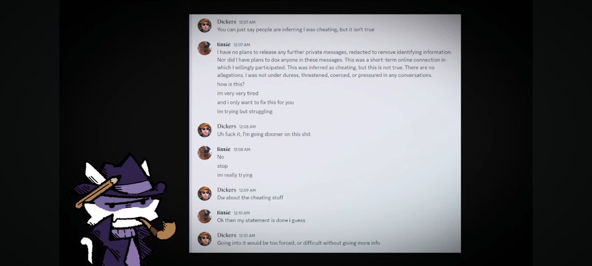 denaltb's tweet photo. Dude, @DickersTV preaches accountability on stream, but his actual Discord DMs read like a pathetic script.

Look at how he explained his live-in girlfriend of 18 months:.

LISSIE: Was your girlfriend aware of me and our dynamic

DICKERS: She was not aware of you in particular.

LISSIE: I have had so many questions that you just ignored

DICKERS: I referenced the fact we live together by mentioning that a lad lives with us.

Then when she tried drafting a statement to clear his name at midnight, he actively coached her to scrub it:

LISSIE: This was inferred as cheating, but this is not true.

DICKERS: Dw about the cheating stuff. Going into it would be too forced.

Calling your live in girlfriend a lad in DMs and coaching your side options to bury cheating claims is pure fraud.

Source: Mrow @doomermedia