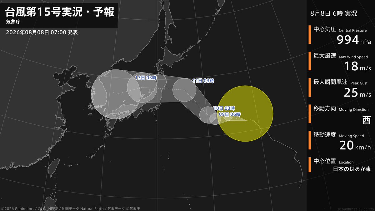 UN_NERV's tweet photo. 【台風第15号実況・予報 2026年08月08日 06:58】
大型の台風第15号（チャンホン）は、日本のはるか東を1時間に20キロの速さで西に進んでいます。 https://t.co/CJeP3ZReMd