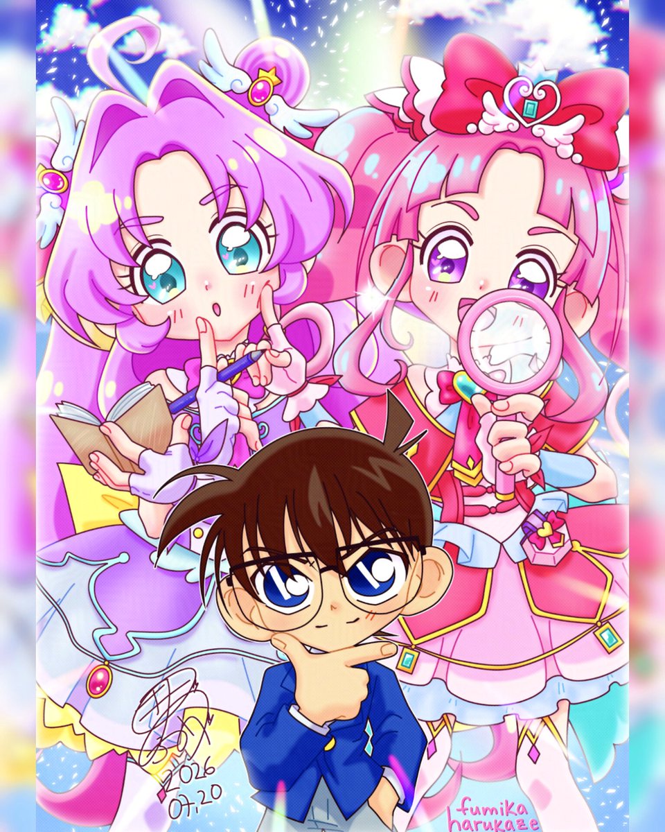 fumifumiharu's tweet photo. Contest illustration I did for a con I'm attending next month! It's detectives themed so obviously I had to draw Conan with Cure Answer and Cure Mystique 💜🩷 

I'm quite proud of the final result 😳👉🏻👈🏻
This precure season is the most I've watched episodes and it's still airing! https://t.co/hgyBhOfJ9F