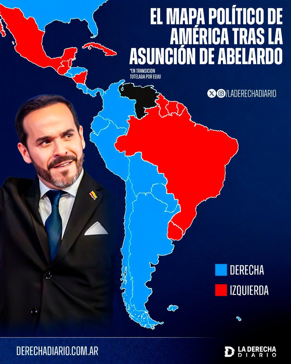 laderechadiario's tweet photo. 🚨🌎 | AVANZA LA DERECHA: Así quedó el mapa político del continente americano tras la asunción de Abelardo de la Espriella como presidente de Colombia, con casi toda la región teñida de azul y gobernada por mandatarios de derecha. https://t.co/bKJ9Vmggh0