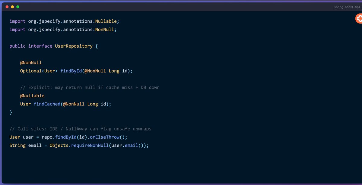 mario_casari's tweet photo. 🚀 Spring Boot 4: JSpecify null-safety enforcement.
✅ Clearer @Nullable / @NonNull contracts
✅ Better static analysis in IDEs
#SpringBoot4 #JSpecify https://t.co/Ty3ih2cEa4