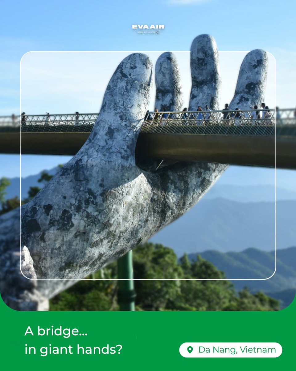 EVAAirUS's tweet photo. A bridgeโฆ in giant hands? ๐
It looks like a scene from a fantasy movie, but itโs real.
๐ Golden Bridge, Da Nang, Vietnam ๐ป๐ณ
#Vietnam #DaNang #GoldenBridge #EVAAir #FlyWithEVA https://t.co/aHLfV99Gho