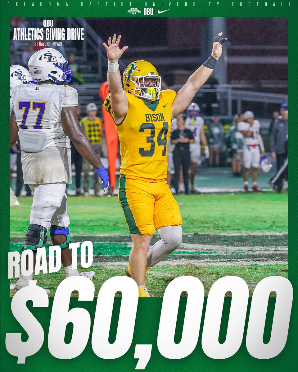 OBU_Football's tweet photo. The road to $60,000 begins TOMORROW! ➡️💪🦬

Help us make an impact by investing in our football student-athletes. Every gift makes a difference!

🔗 https://t.co/KAazYytEv6 

#OnToVictory https://t.co/5wcmT3UilL