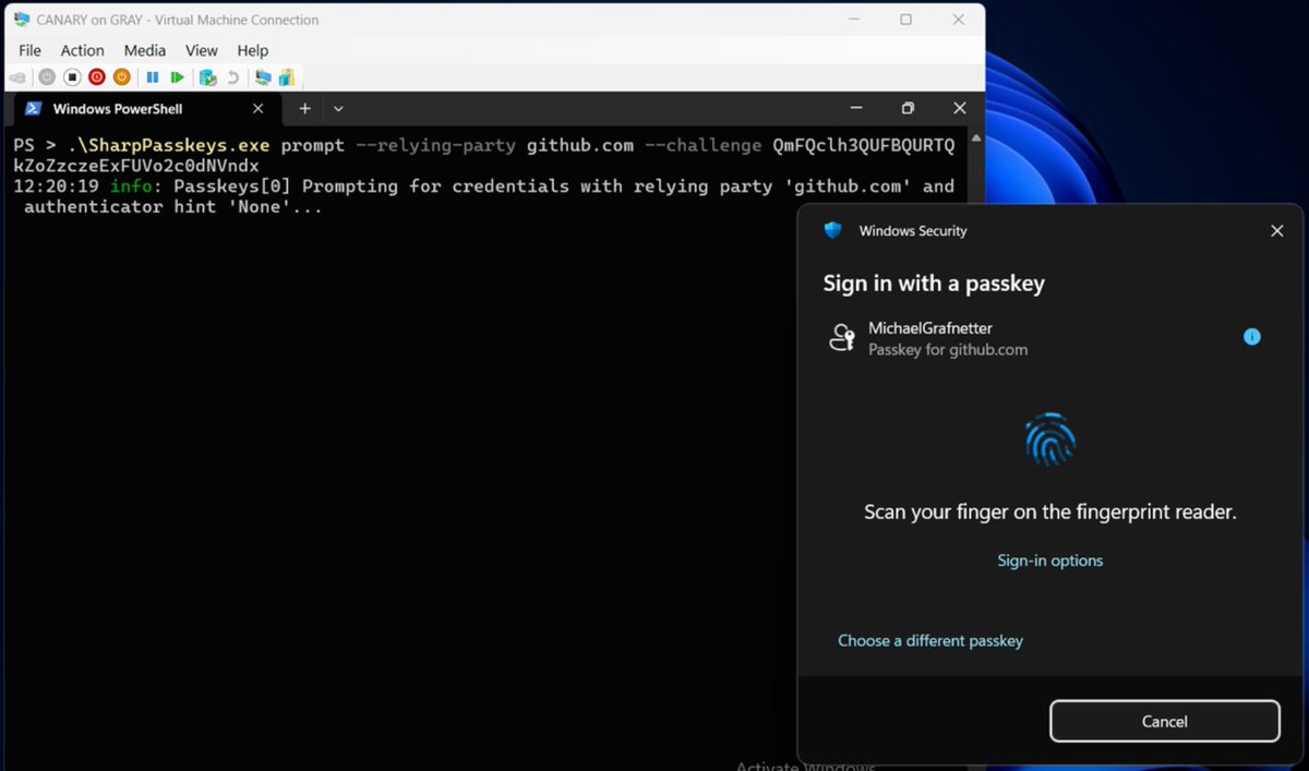 cr3ghost's tweet photo. Three zero-days in Windows 11 and Microsoft Entra ID. Over 20 novel attack techniques against passkeys. Toolkit open sourced. Microsoft declined to fix one of them.

Passkeys were supposed to be unphishable. @MGrafnetter from @SpecterOps just presented Pass-the-Passkey at Black Hat.

Global Admin impersonation from a standard user account. No user interaction. Bypasses phishing-resistant MFA Conditional Access policies. Zero alerts from Defender for Identity or Entra Identity Protection on M365 E5.

Windows Hello passkeys are still vulnerable after the patches because they always send signature counter 0.

Microsoft scored it 6.5 Medium and paid $1,000. The researcher scored it 8.6 High. Their advisory described it as 'could potentially read small portions of heap memory.'

This is the same team behind BloodHound, Certified Pre-Owned (AD CS), Rubeus, Certify, Seatbelt, SharpDPAPI, SharpUp, Ghostwriter, Nemesis, SharpSCCM, and CuddlePhish. They consistently ship research that changes how the industry thinks about Active Directory and identity security.

If you do red teaming, pentesting, identity security, Entra ID, FIDO2, WebAuthn, Windows Hello, phishing-resistant MFA, or detection engineering, this is the most important identity research to drop this year.

Pass-the-Hash for the passwordless era.

https://t.co/zZgx8JP89F

#Infosec #RedTeam #DetectionEngineering