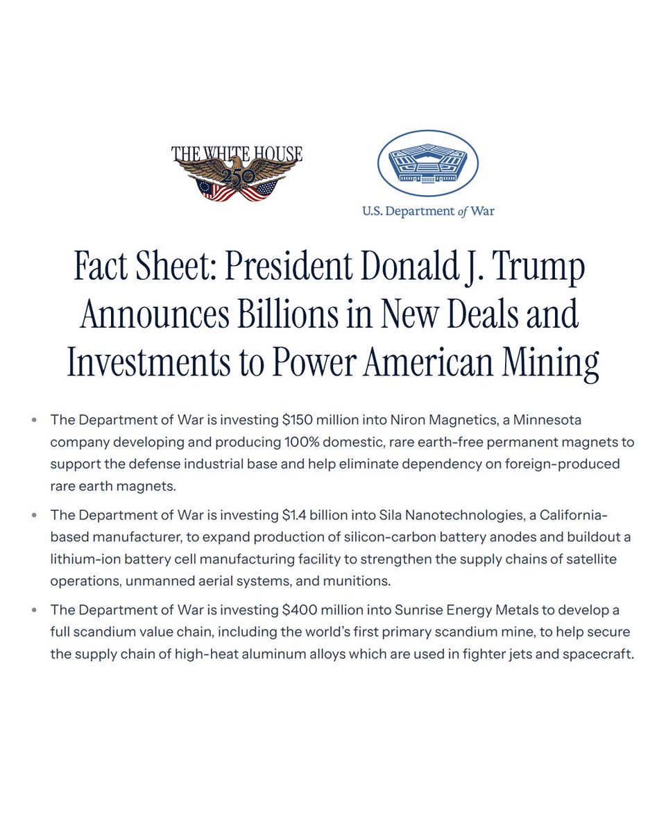 USWREMichael's tweet photo. American national security cannot depend on foreign-controlled supply chains. 
 
Today, President Trump announced nearly $2 billion across three new Office of Strategic Capital (OSC) deals to secure the critical materials and components that strengthen the American industrial base and deliver more lethal technologies for the warfighter. 

In Fiscal Year 2026, OSC has already committed more than $8 billion in debt financing and mobilized nearly $18 billion in total public and private capital to companies across the critical minerals and materials sector, with no intention of slowing down.