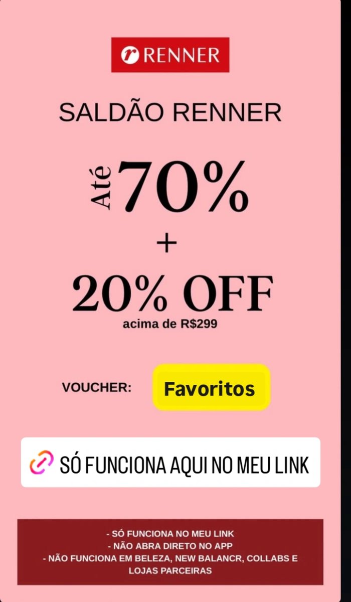 Sh_lehlys's tweet photo. 🔥 SALDÃO RENNER!
Até 70% OFF + 20% OFF acima de R$299 com o cupom FAVORITOS!
Aproveite no meu link! 🔗
#Renner #SaldãoRenner #Promoção #Cupom #Desconto #Achadinhos
https://t.co/ekYG0ge1l0 https://t.co/6tWW7aTh8x