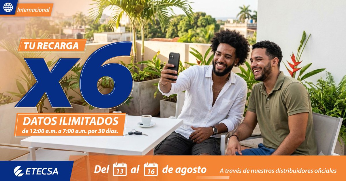 DayDiazDuarte's tweet photo. ‼️Vuelve la promo‼️Esta vez, del 13 al 16 de agosto de 2026. Si recibes una #RecargaInternacional desde 600 CUP hasta 1250 CUP a través de nuestros Distribuidores, multiplicarás por 6 el monto d dinero recargado en tu saldo y recibirás Datos ilimitados de 12:00 a.m. a 7:00 a.m. https://t.co/CF2x3Fzmdj