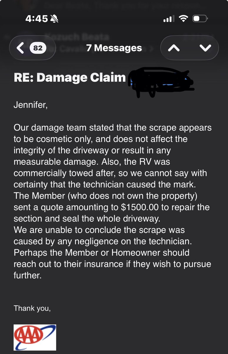 jfcavallo's tweet photo. On June 22, AAA sent a tow truck to load my 26-foot RV onto a flatbed, my RV was too large. Reversing it caused damage to the driveway. They say it wasn’t their fault. 
I’m not looking for anything beyond accountability and for AAA to REPAIR the driveway. https://t.co/BSB7nl5n1I