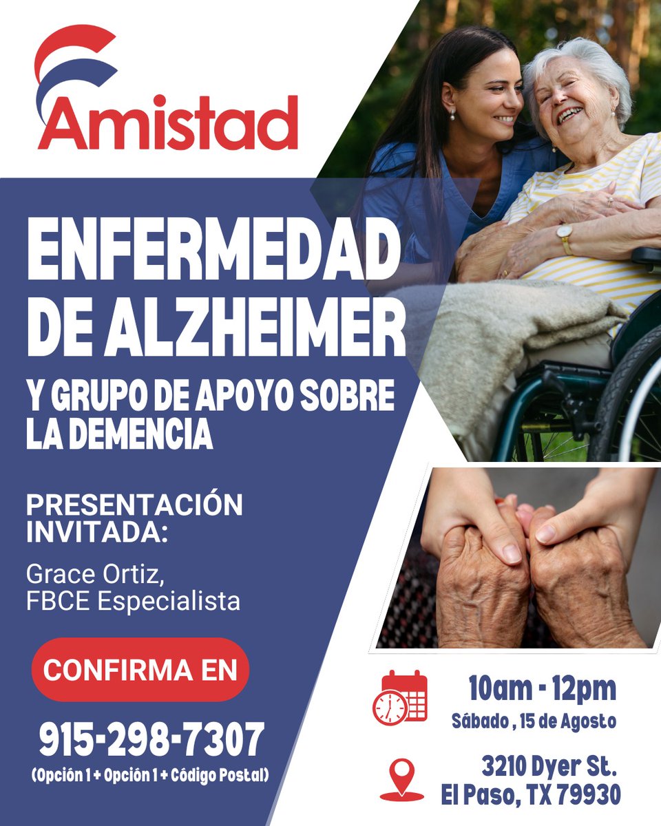 AmistadElPaso's tweet photo. Join us for our monthly support group and learn more about Adult Protective Services and their programs.
Contact us for more information! 📲 915-298-7307 (Select Option 1 +Option 1 + Zip Code)
#elpaso #amistad #alzheimers #supportgroup https://t.co/gvINVSmZC9