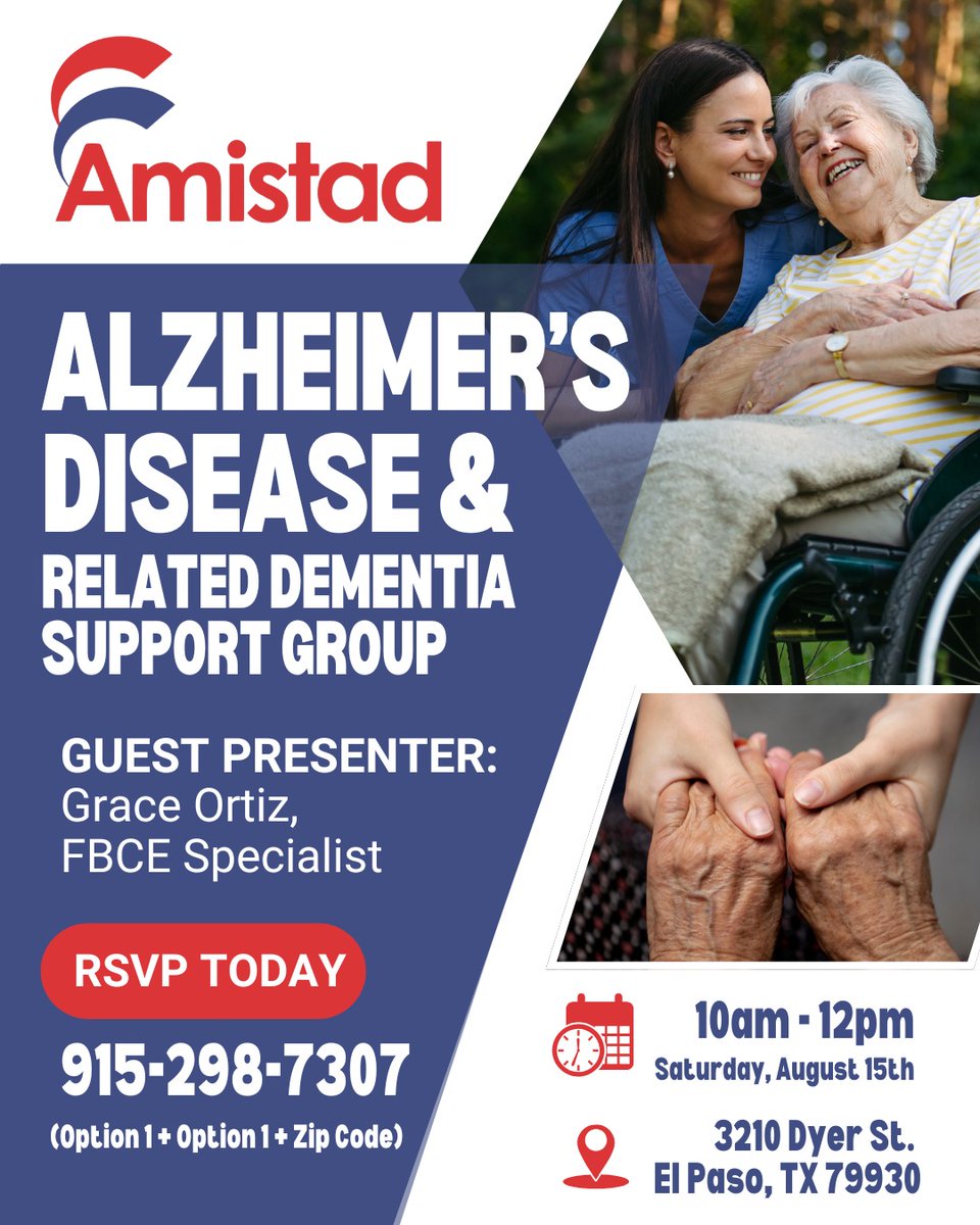 AmistadElPaso's tweet photo. Join us for our monthly support group and learn more about Adult Protective Services and their programs.
Contact us for more information! 📲 915-298-7307 (Select Option 1 +Option 1 + Zip Code)
#elpaso #amistad #alzheimers #supportgroup https://t.co/gvINVSmZC9
