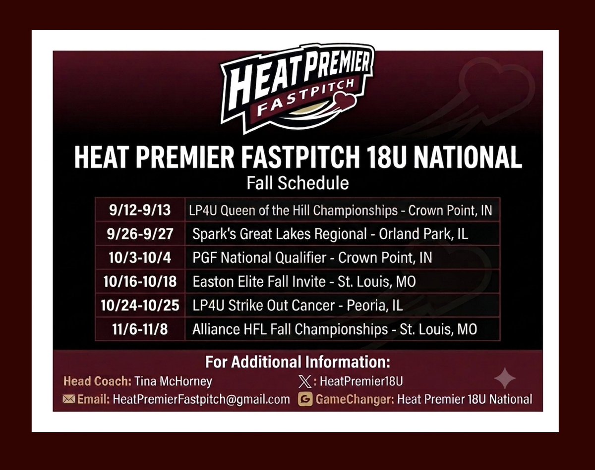 HeatPremier18U's tweet photo. Fall 2026 Schedule Drop! ⬇️🔥
@CayleeDelBoccio @clairebolda1 @KayRumachik2027 @mya_tron @grace_reed14 @cayleighsteele @Maddywoitas2027 @averyarnold_24 @_lexiruss @GRosario2027 @SadieSoftball53 @KellyCahill88 @emily_slaps https://t.co/N2f28D1lQP