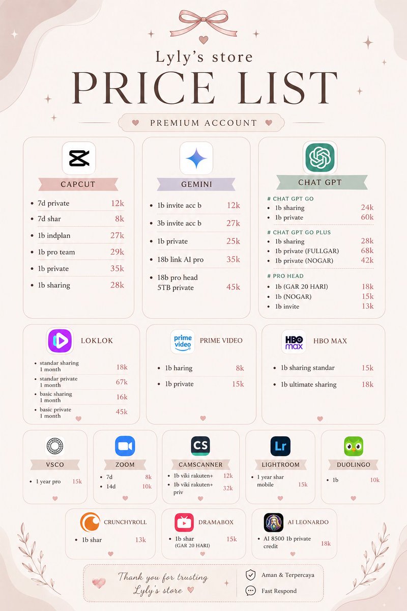 lylystoree's tweet photo. HALO AKU OPEN YA!

WTS WTB! Ready apk premium harga terjangkau, super murcee. Netflix, capcut, gpt, gemini, canva, yt, dll semuanya ada! Yang tidak ada di pl boleh chat yaa (ada beberapa belum masuk) yukk di order! 💗💐

☎️ Ada di bio yaa!

#zonauang #zonajajan #bealanja https://t.co/gi2uD2evYq